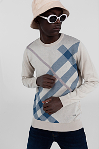 Men's Crew Neck Front Striped Cotton Sweater